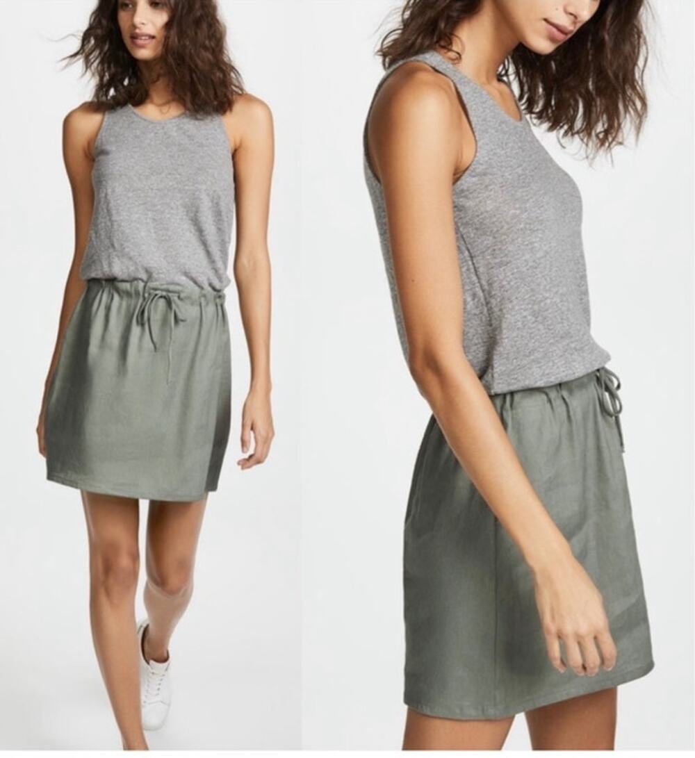 Monrow Linen Blend Contrast Tank Dress - Size Small Grey Casual Summer